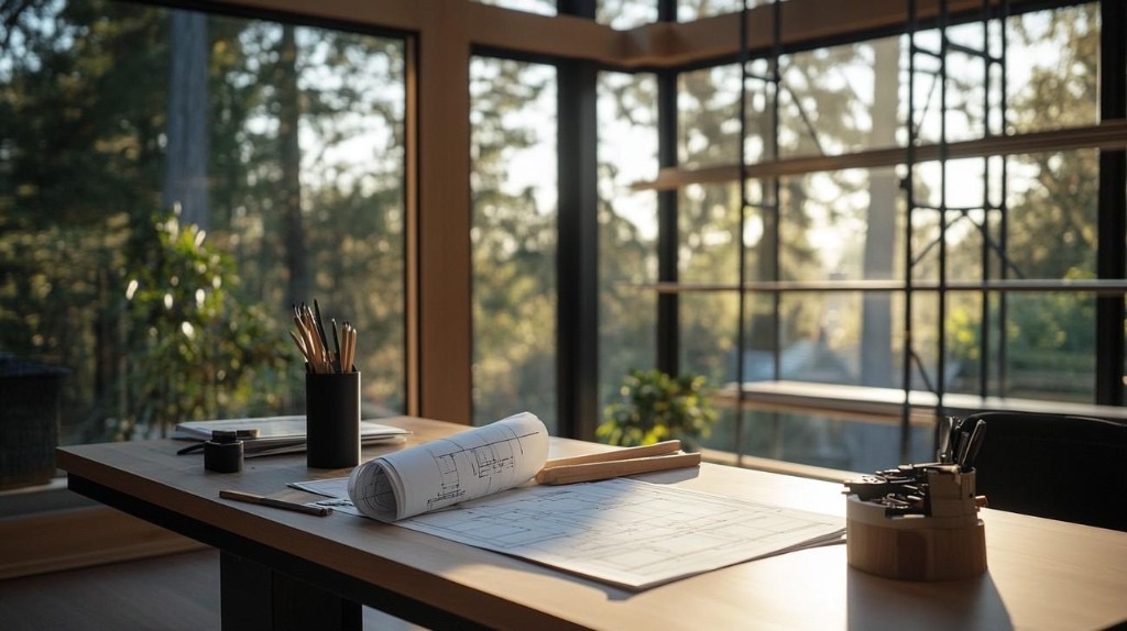 Light wooden desk with blueprints, pencils, and design tools in a bright office overlooking a forest